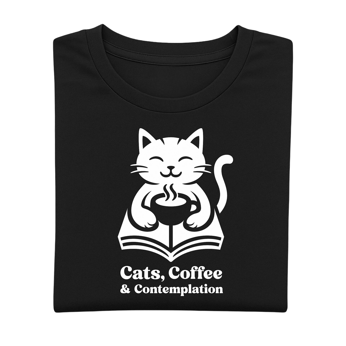 Folded black "Cats, Coffee & Contemplation" cat graphic t-shirt showing the front print on a light background.