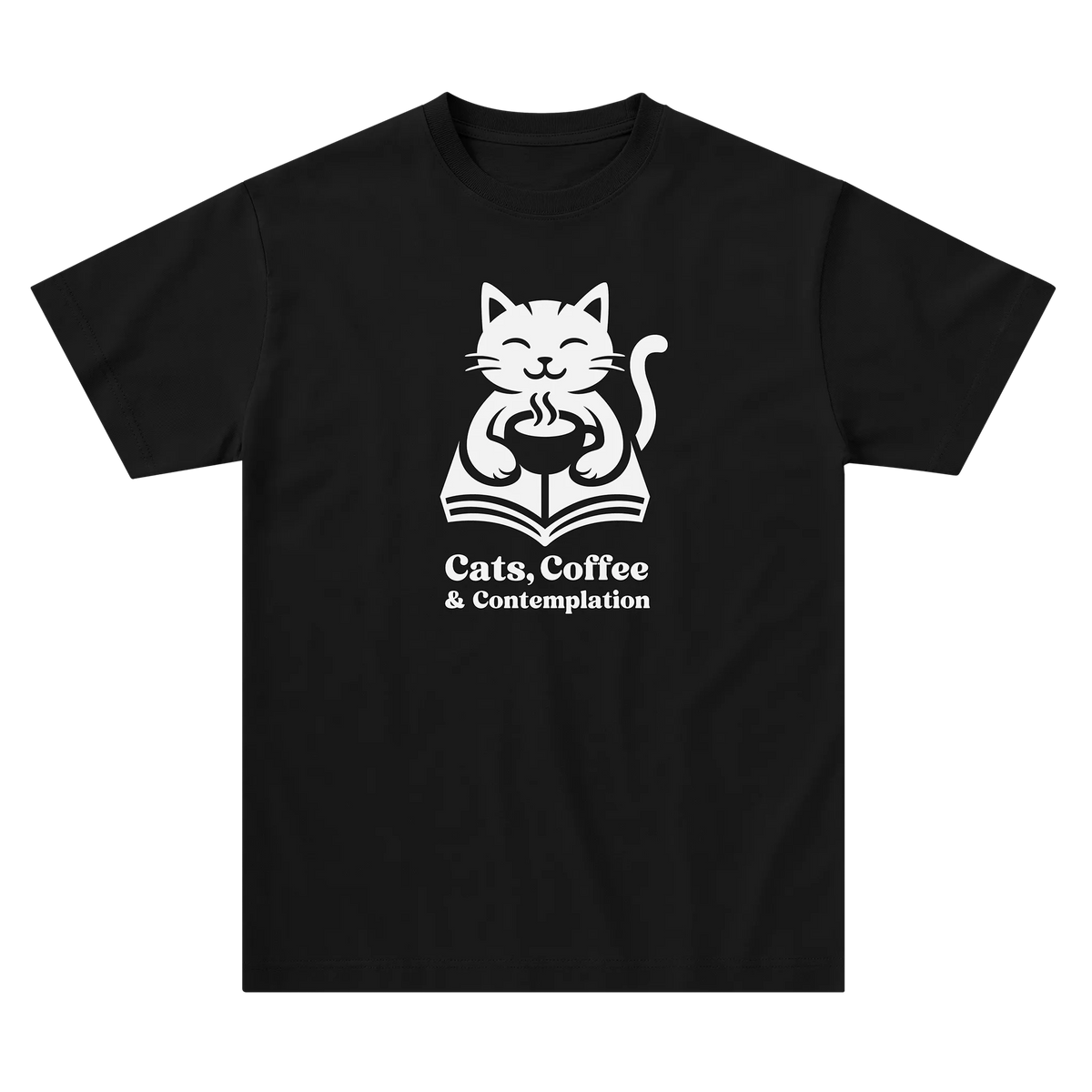 Black "Cats, Coffee & Contemplation" cat graphic t-shirt laid flat on a light background.