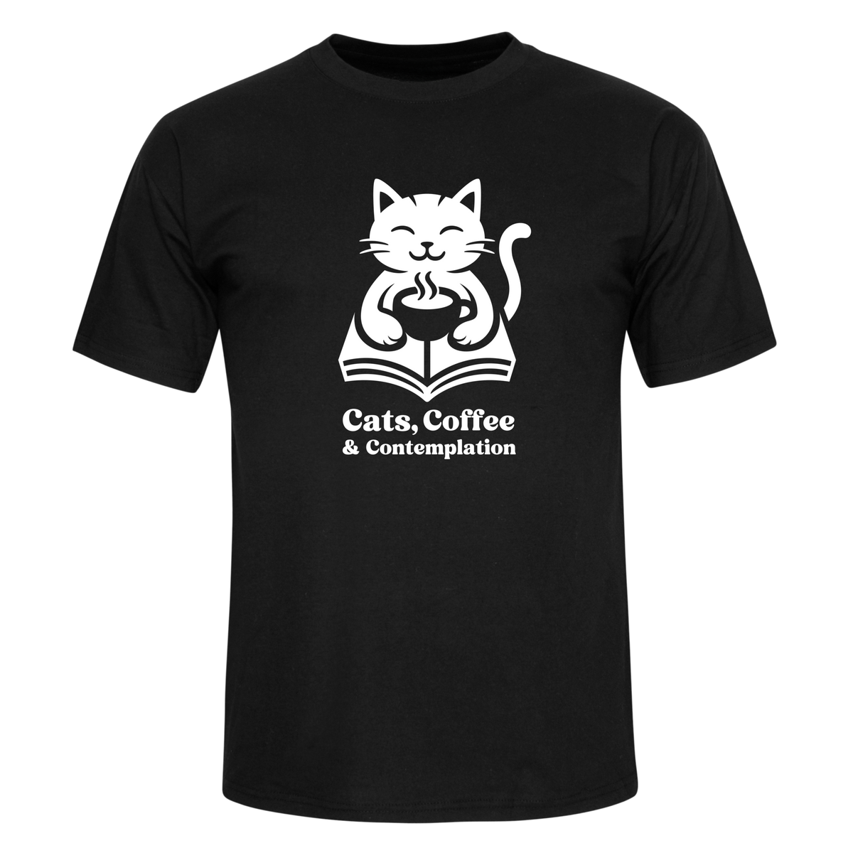 Black "Cats, Coffee & Contemplation" cat graphic t-shirt front shown on a body mock up on light background.