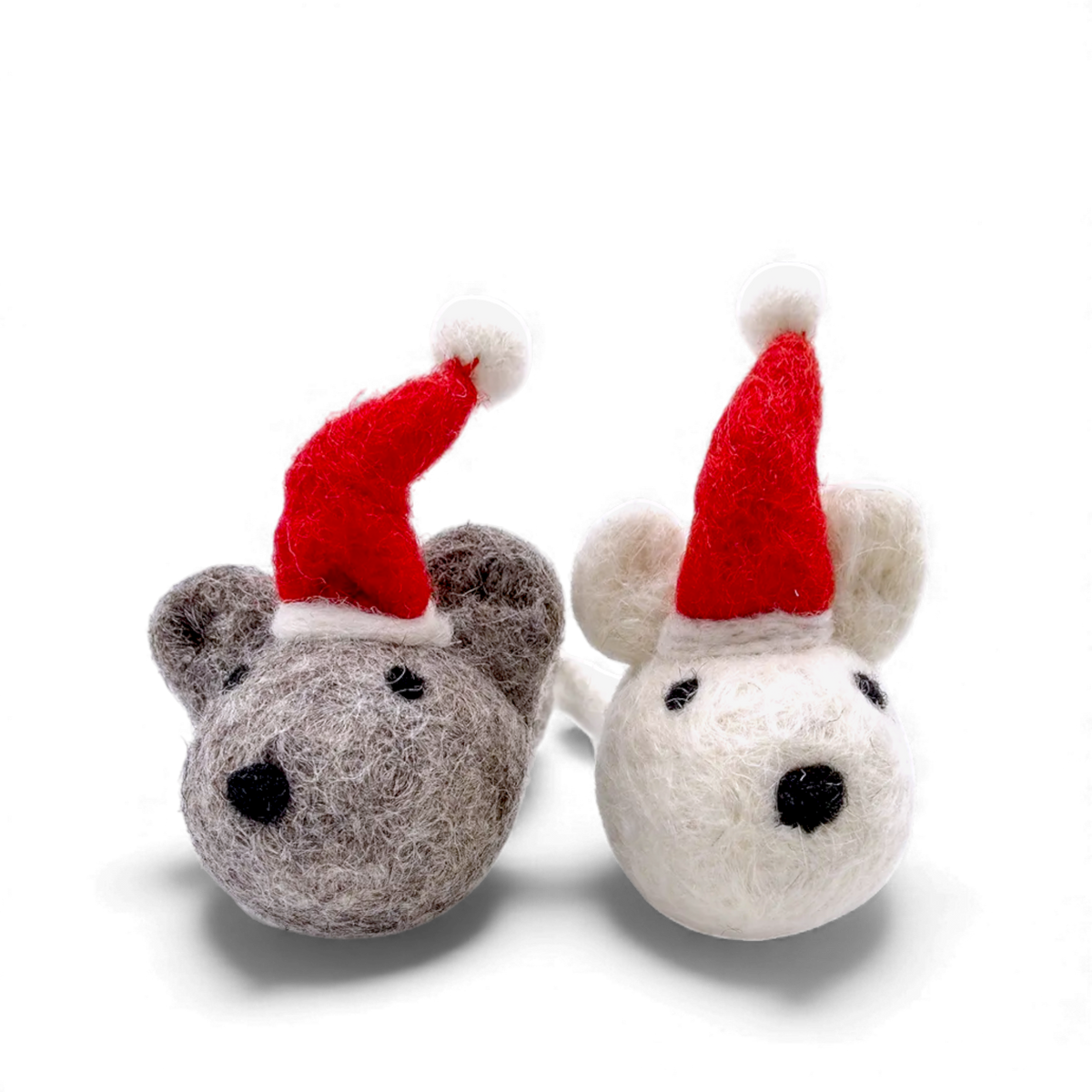 Grey and white felted wool Christmas mice side by side, both wearing red Santa hats with white bobbles, on a white background