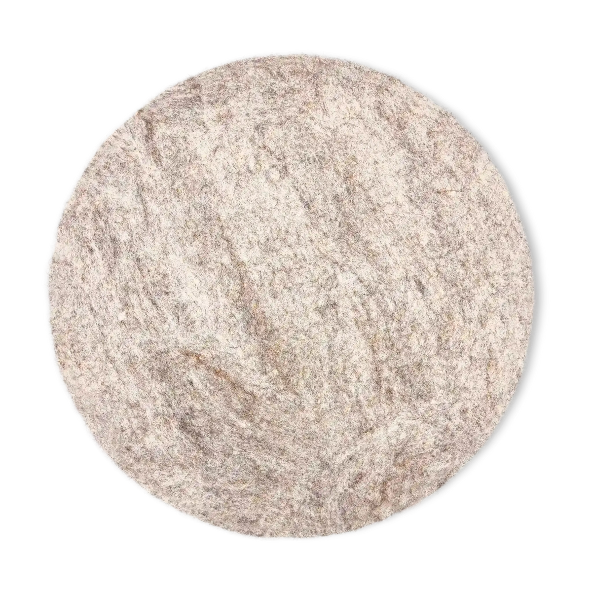 Top view of a round light brown felted wool cat bed on a white background.