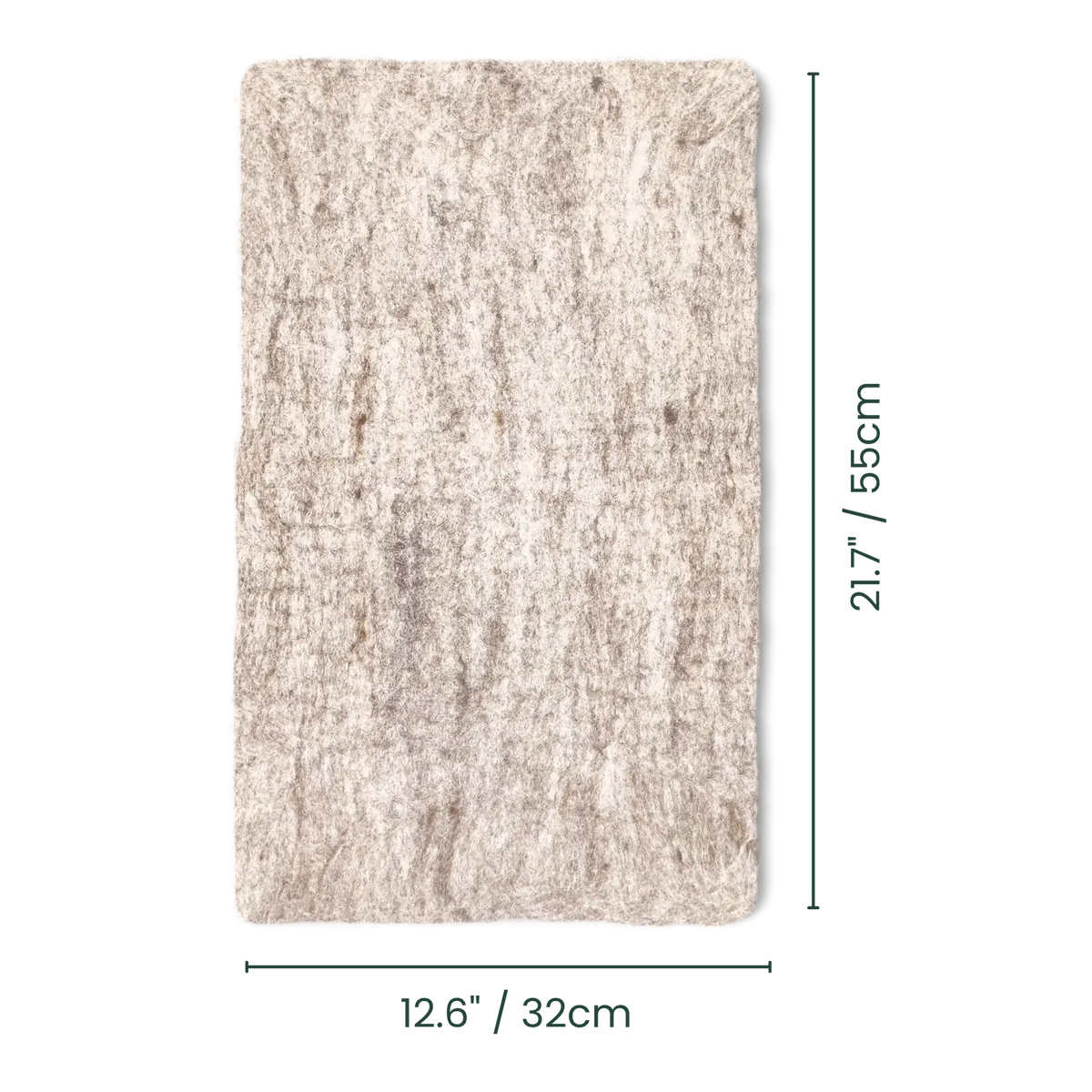 A rectangular shaped felted wool cat mat with dimensions.