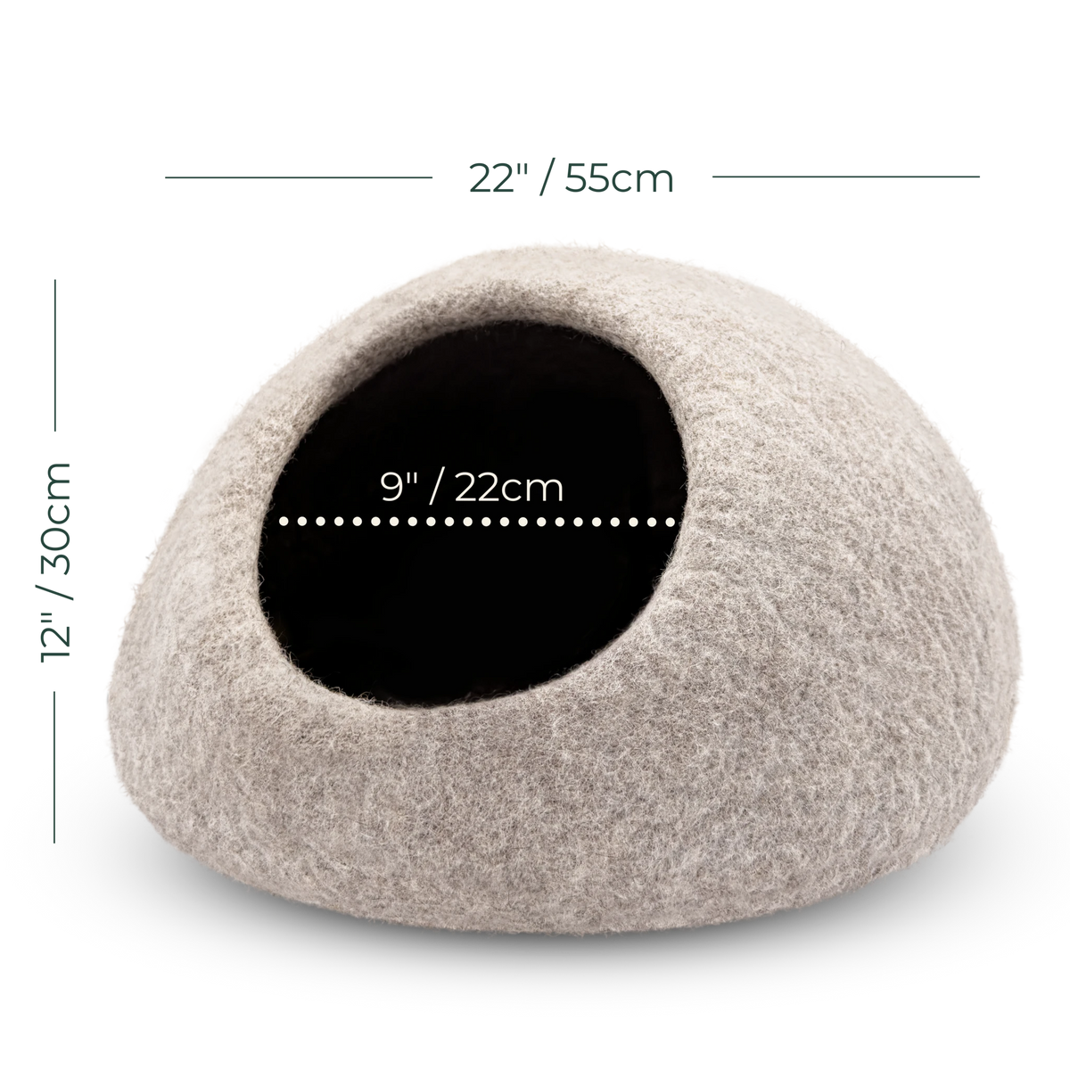 A felt cat bed or cozy dome-shaped pet house in a light warm gray-beige color, shown on a white background with overlaid dimension lines and text indicating 22 inches wide by 12 inches high.