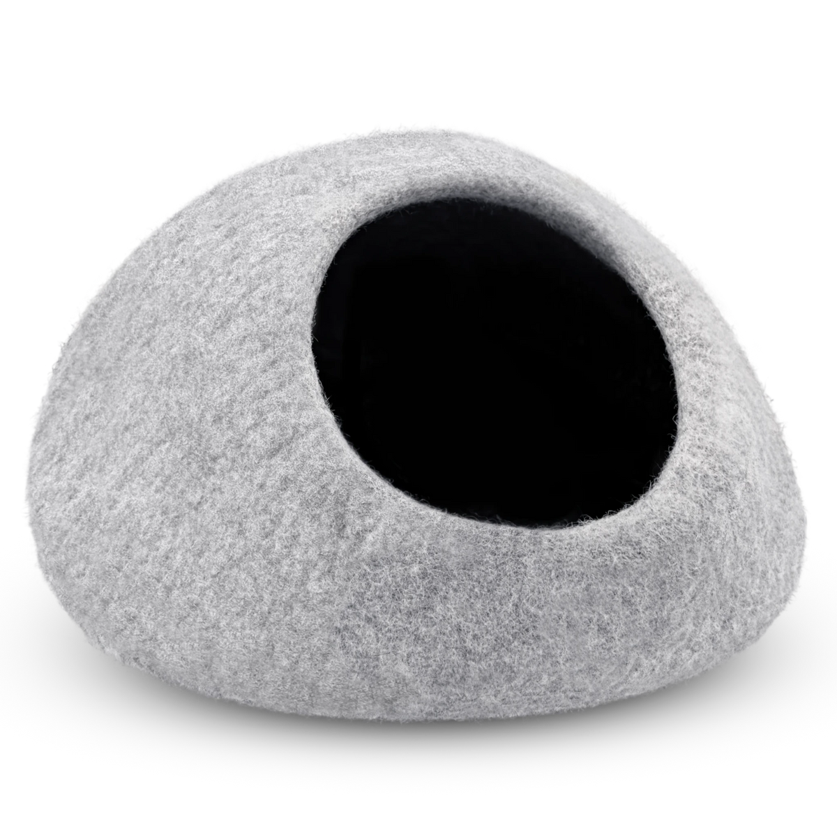 Light grey felted wool cat cave bed with a shadowed opening on a white background