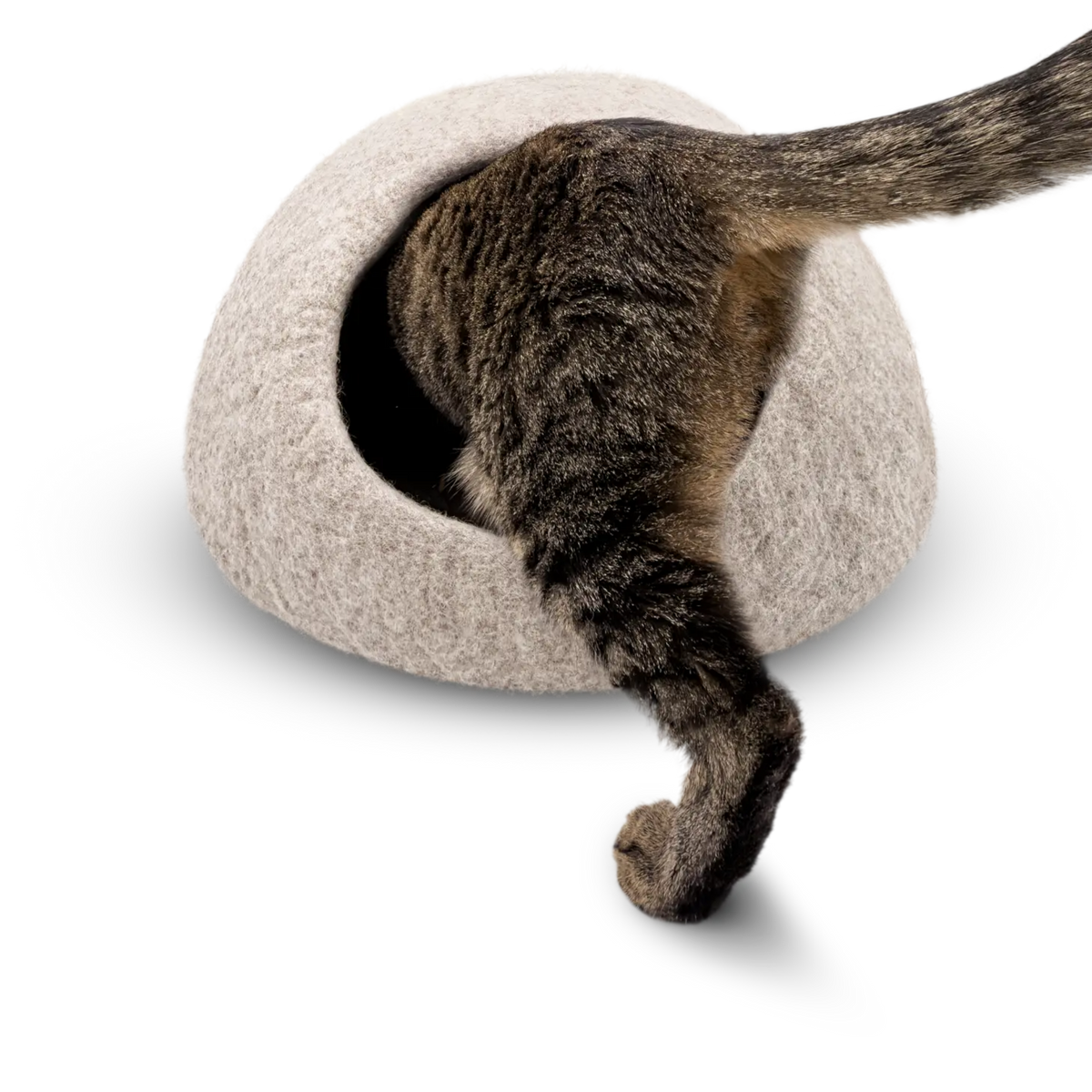 A brown tabby cat is seen from behind walking into a round, dome-shaped felt cat bed in a light beige color, set against a plain white background.
