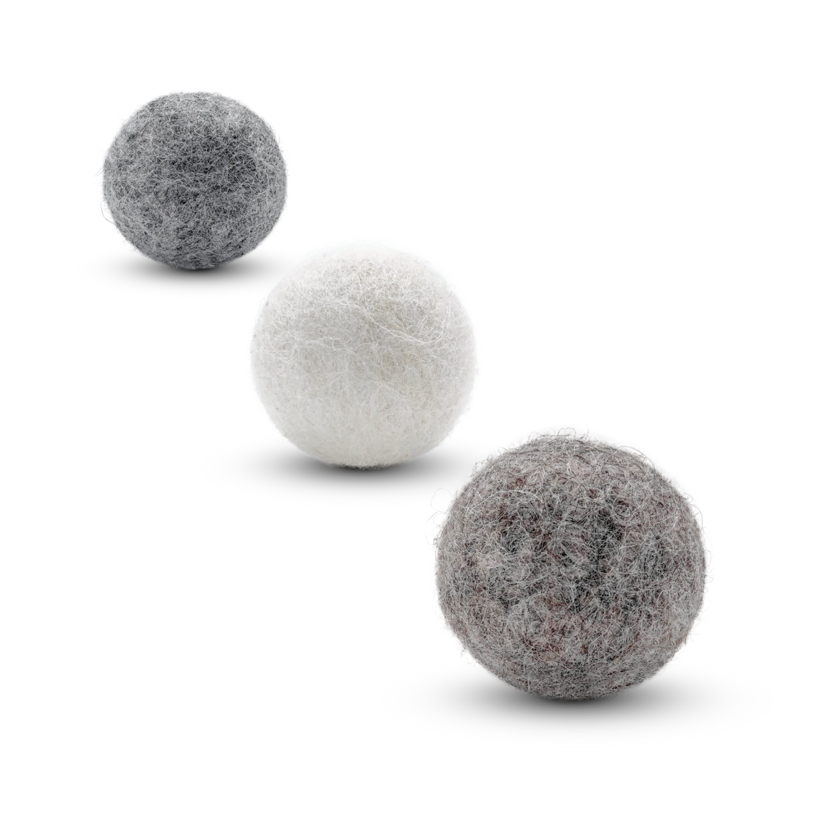 Three textured wool felt cat toy balls in off-white, light brown, and light gray, arranged diagonally on a white background.