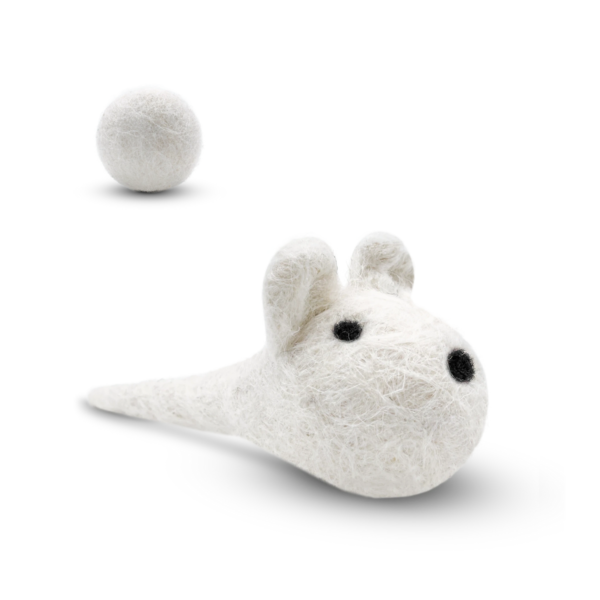 White felted wool mouse cat toy with matching wool ball on a light background.
