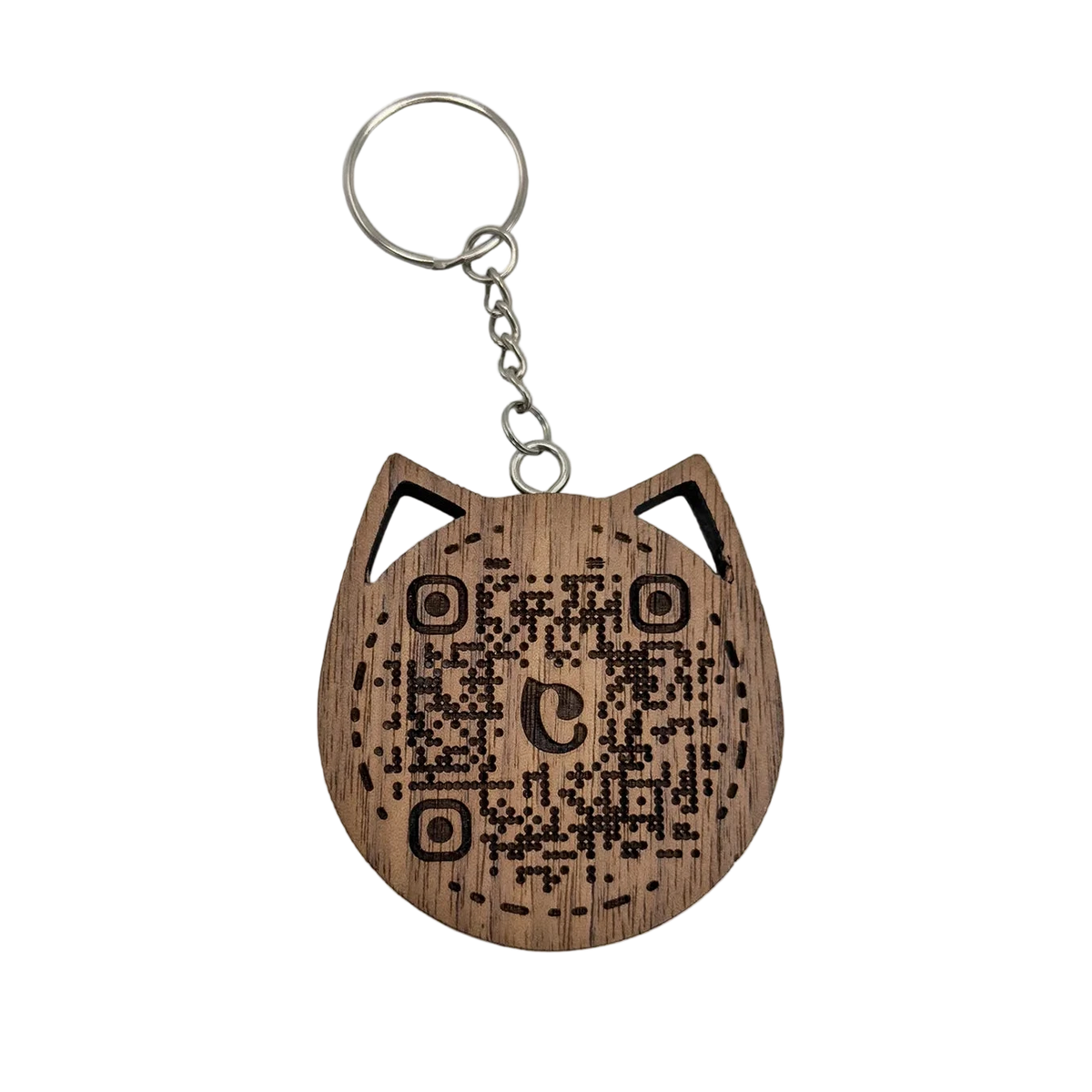 Walnut wooden cat head keychain showing an engraved QR code on a light background.