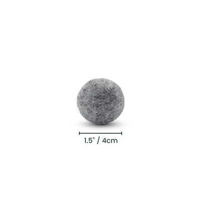 Wool felted cat toy ball in grey colour with diameter measurements