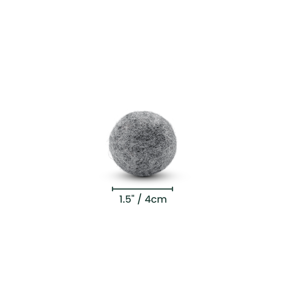 Wool felted cat toy ball in grey colour with diameter measurements