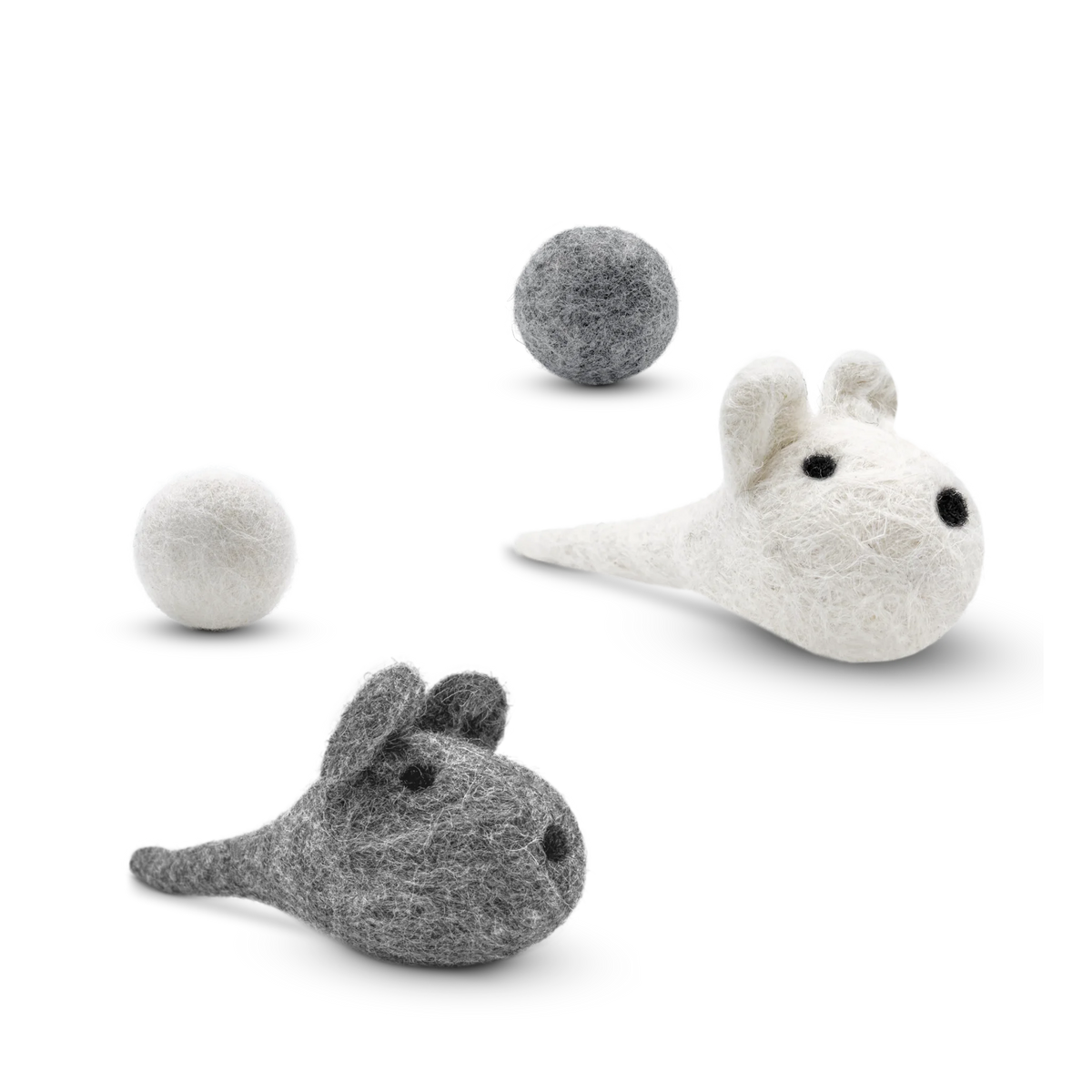 Two felt mouse toys in white and gray, arranged on a clean white background. Two small gray and white balls are shown at the top, and two larger gray & white felt mice are below