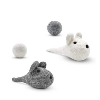 Two felt mouse toys in white and gray, arranged on a clean white background. Two small gray and white balls are shown at the top, and two larger gray & white felt mice are below
