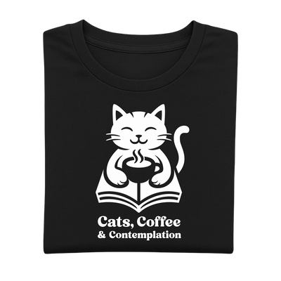 Folded black "Cats, Coffee & Contemplation" cat graphic t-shirt showing the front print on a light background.