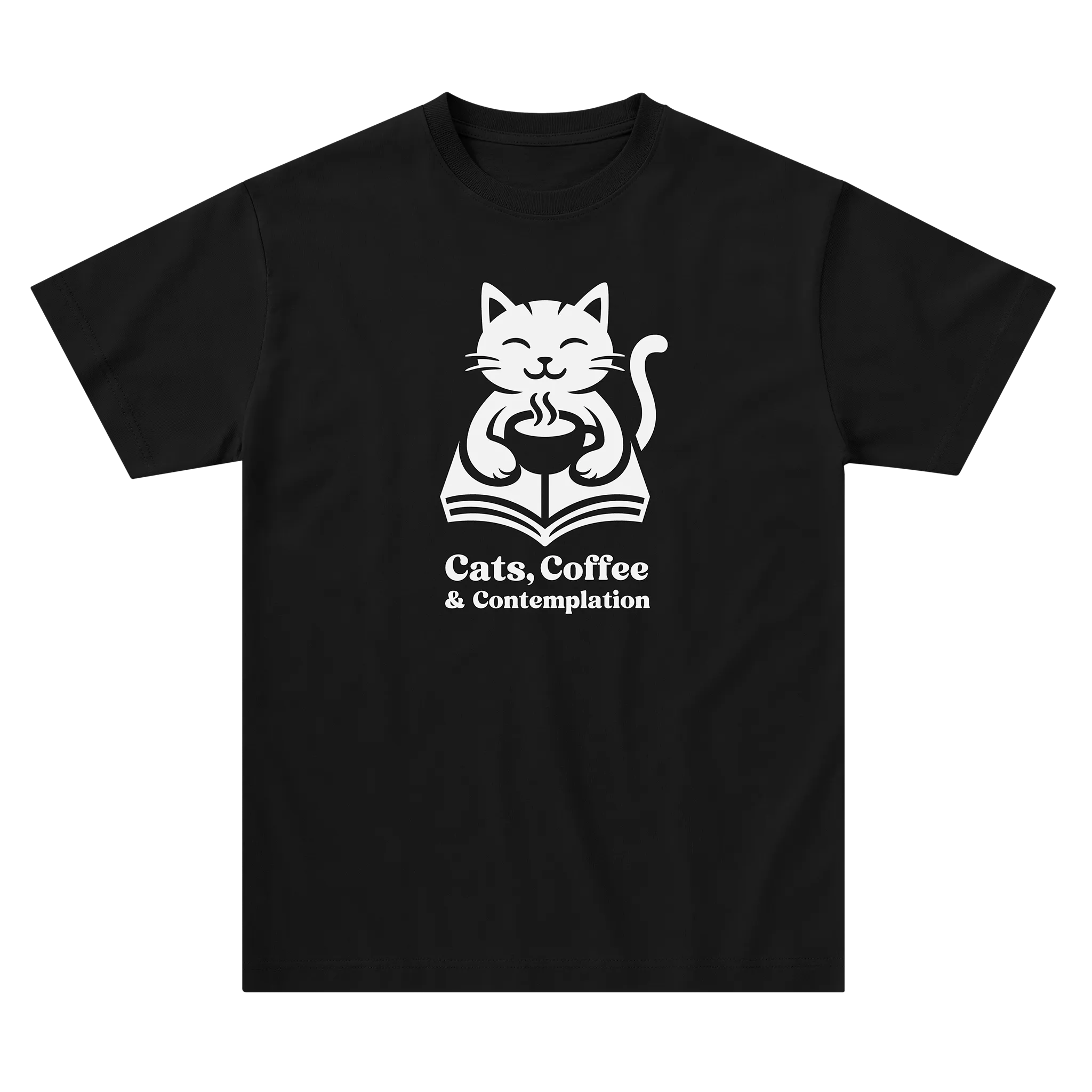 Black "Cats, Coffee & Contemplation" cat graphic t-shirt laid flat on a light background.