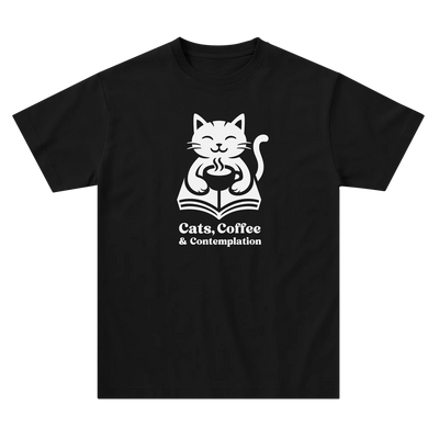 Black "Cats, Coffee & Contemplation" cat graphic t-shirt laid flat on a light background.