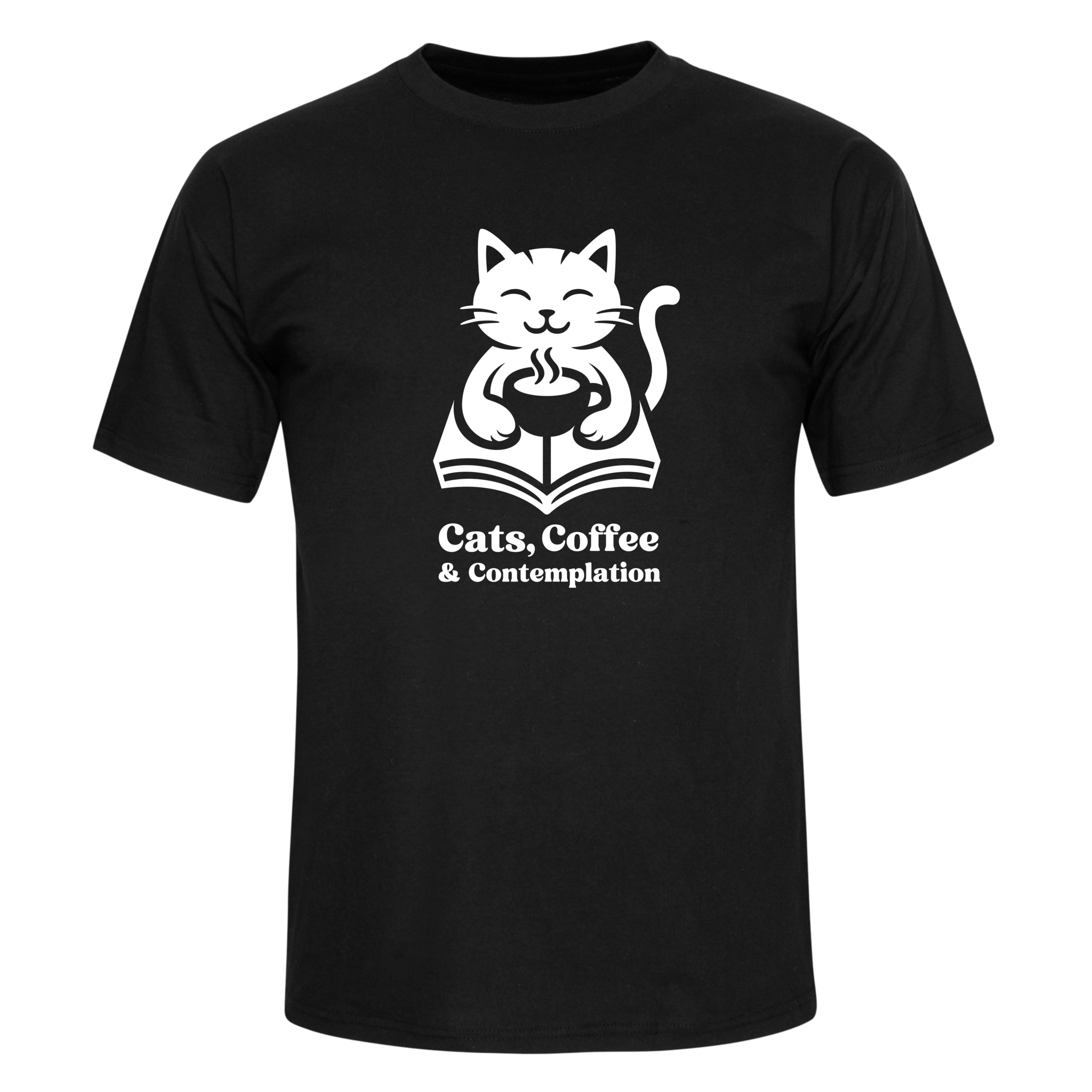 Black "Cats, Coffee & Contemplation" cat graphic t-shirt front shown on a body mock up on light background.