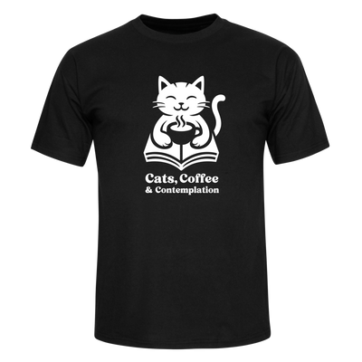 Black "Cats, Coffee & Contemplation" cat graphic t-shirt front shown on a body mock up on light background.