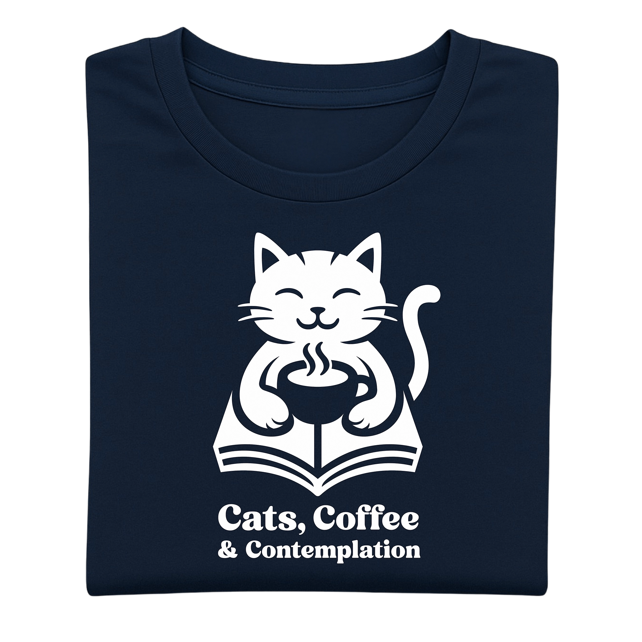 Folded navy "Cats, Coffee & Contemplation" cat graphic t-shirt showing the front print on a light background.