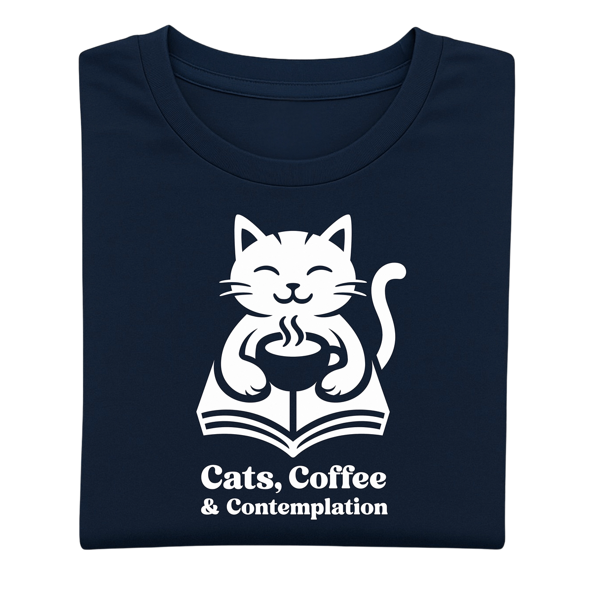 Folded navy "Cats, Coffee & Contemplation" cat graphic t-shirt showing the front print on a light background.