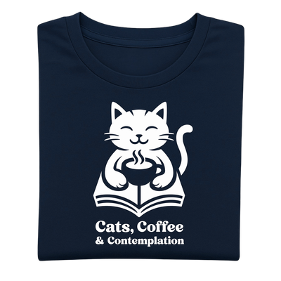 Folded navy "Cats, Coffee & Contemplation" cat graphic t-shirt showing the front print on a light background.