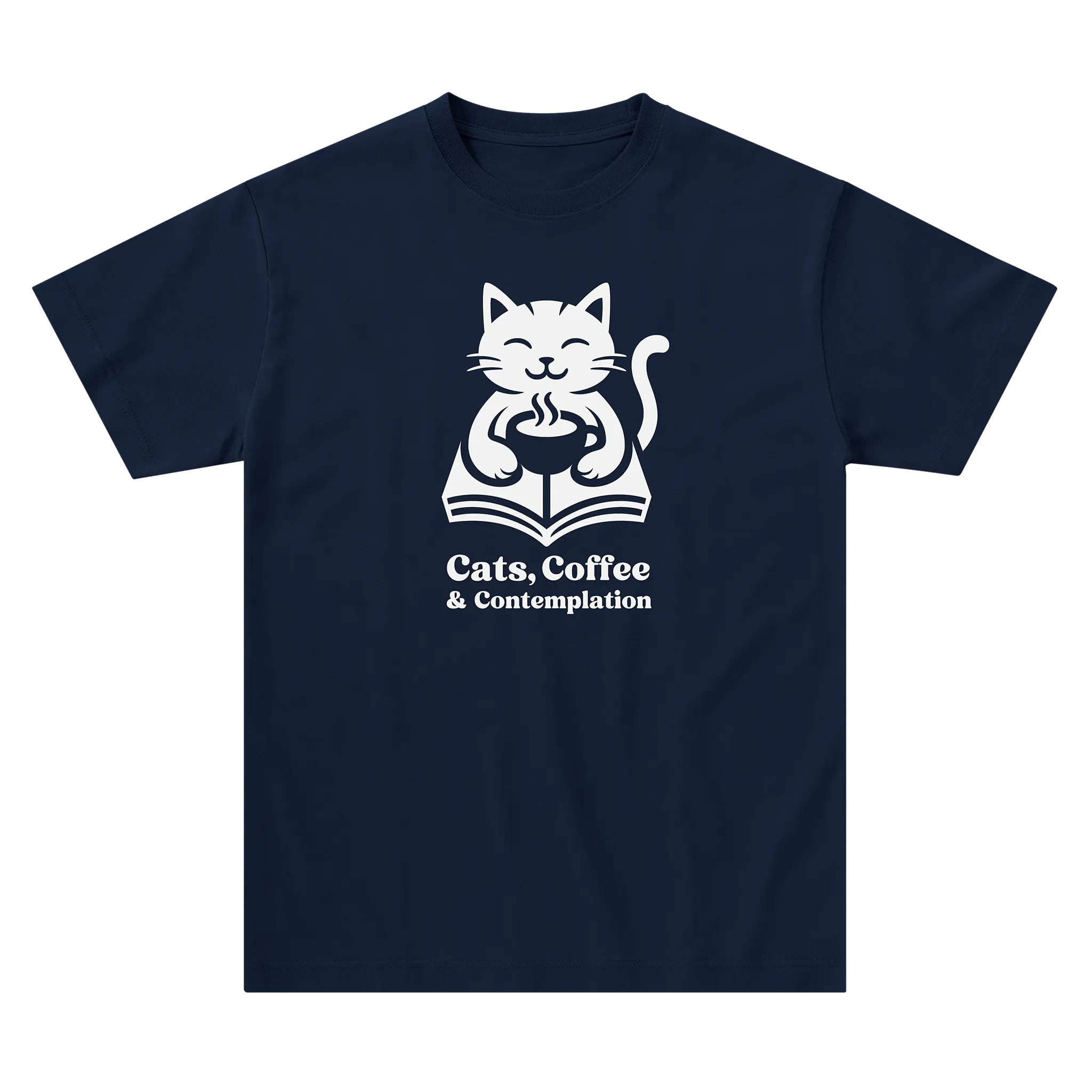 Navy "Cats, Coffee & Contemplation" cat graphic t-shirt laid flat on a light background.
