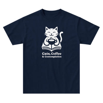Navy "Cats, Coffee & Contemplation" cat graphic t-shirt laid flat on a light background.