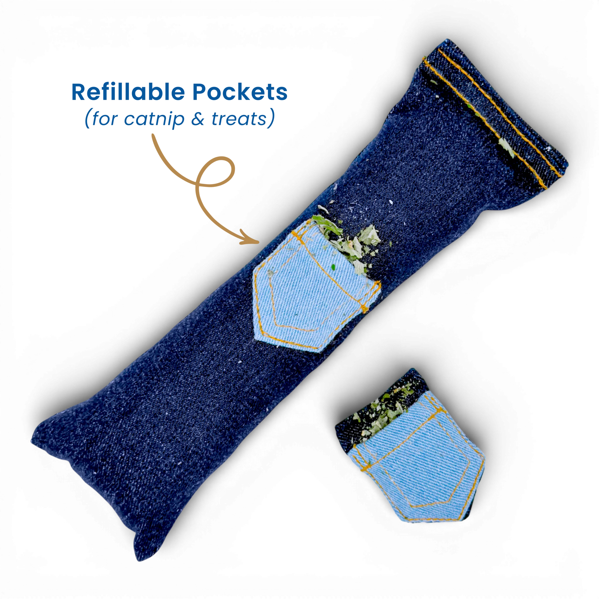 Denim cat kicker toy with matching pocket toy and an arrow highlighting the refillable catnip pockets on a light background.