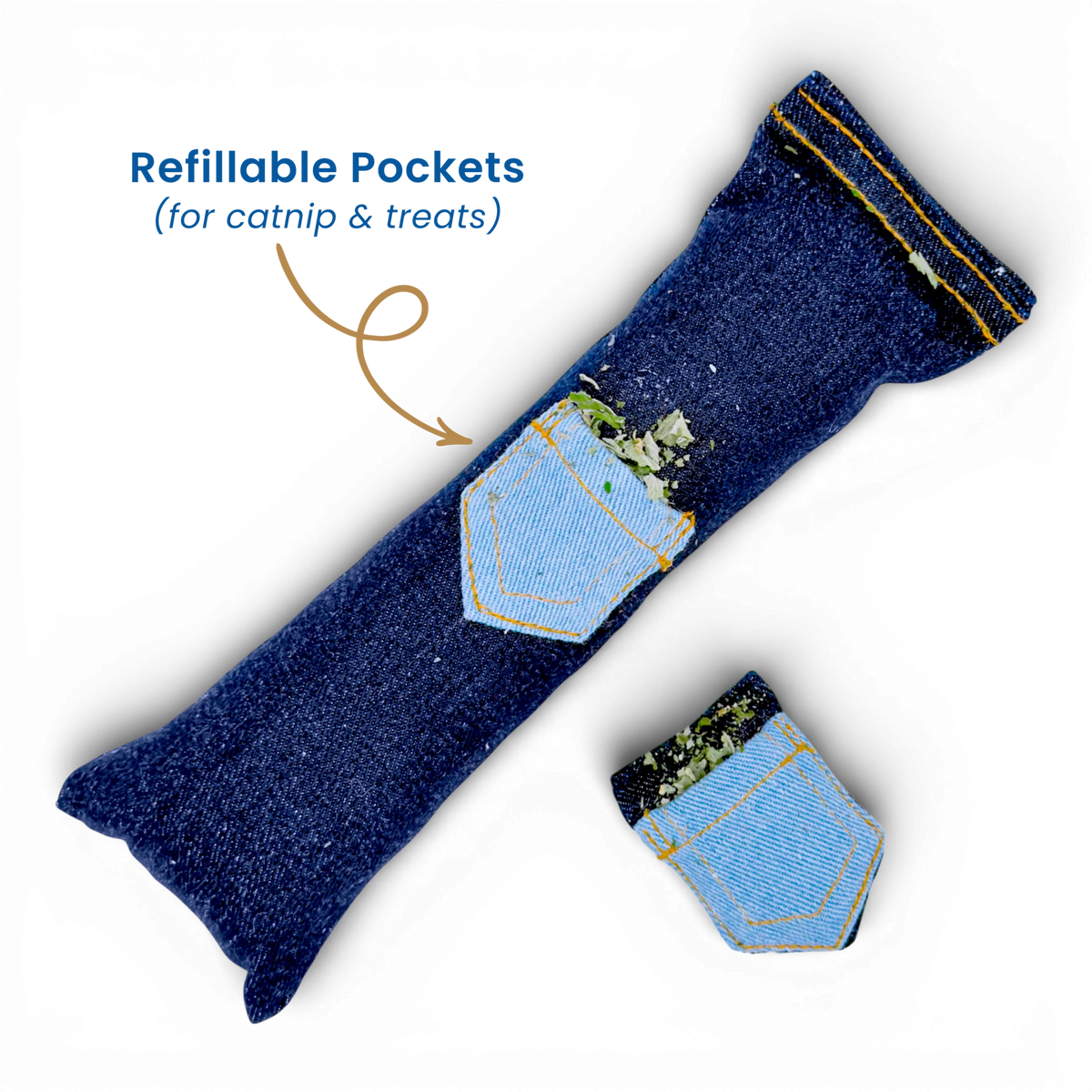Denim cat kicker toy with matching pocket toy and an arrow highlighting the refillable catnip pockets on a light background.