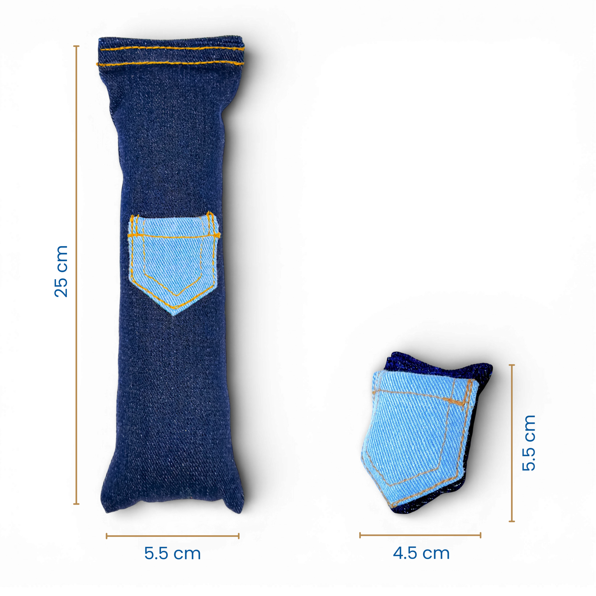 Denim cat kicker toy and matching pocket toy shown with height and width measurements in centimetres on a light background.