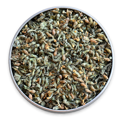 A top-down view of dried catnip flower buds, packed inside a round silver metal tin against a white background.