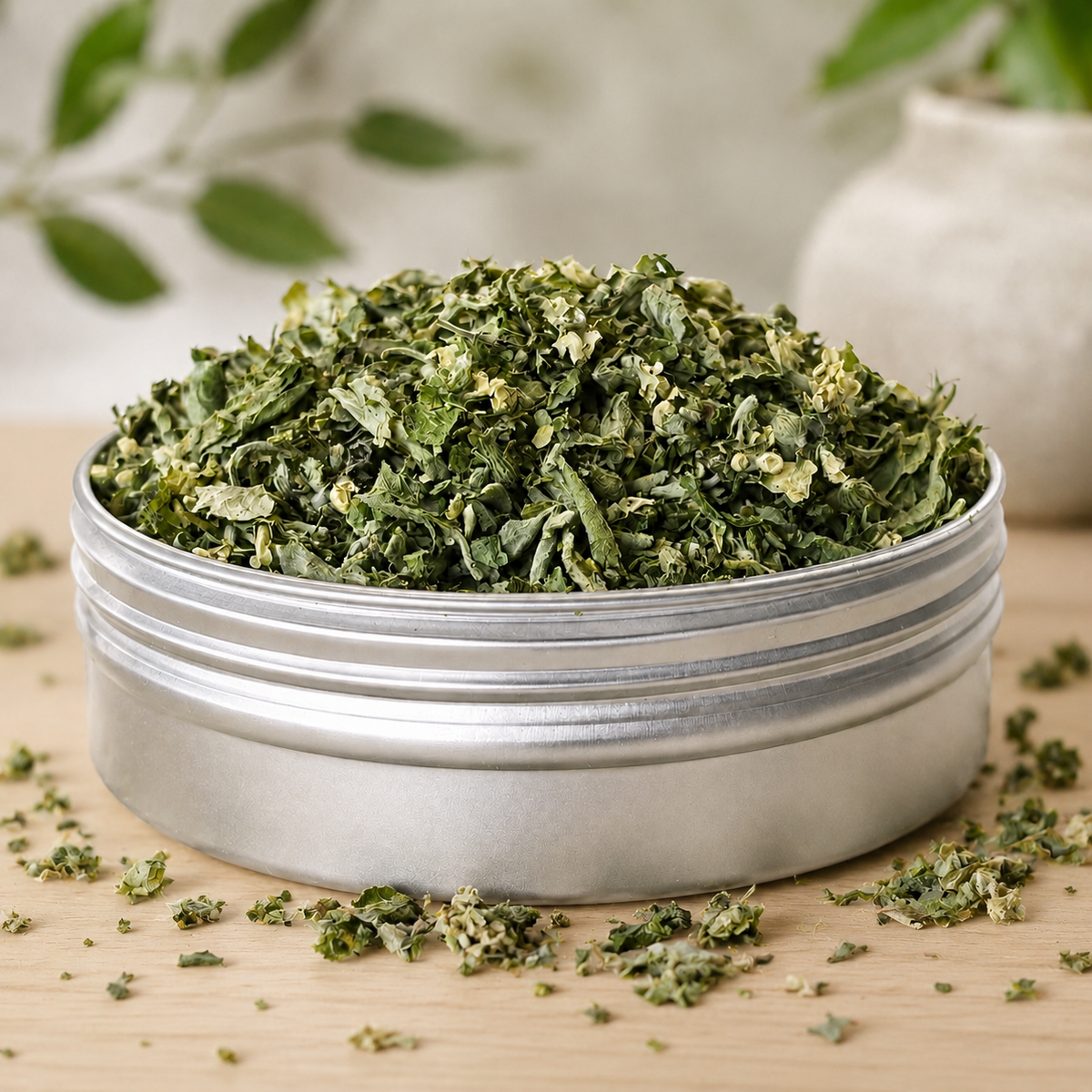 A silver metal tin filled with dried green catnip, set on a light wood surface with scattered loose pieces around it and a softly blurred background.