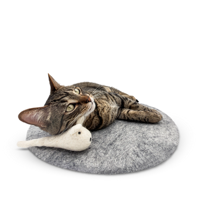 Tabby cat cuddling a white mouse toy while lying on a round grey felted wool cat bed.