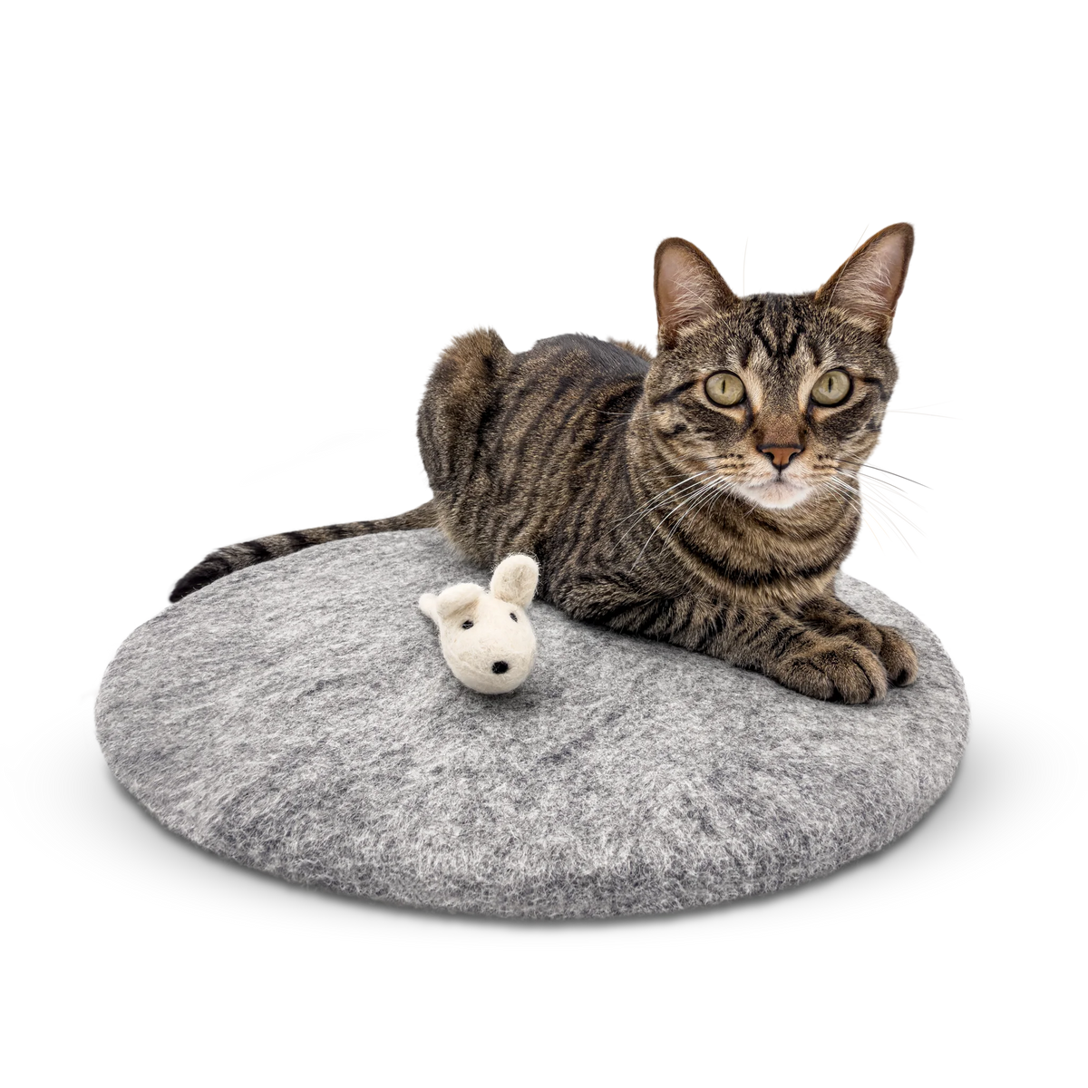 Tabby cat lying on a round grey felted wool cat bed with a small white mouse toy.