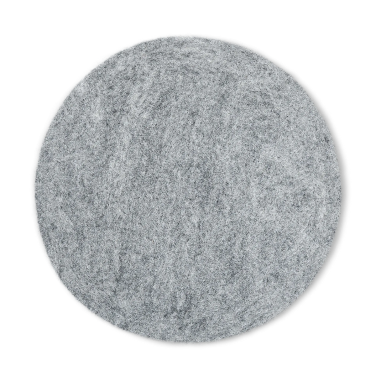 Top view of a round light gray felted wool cat bed on a white background.