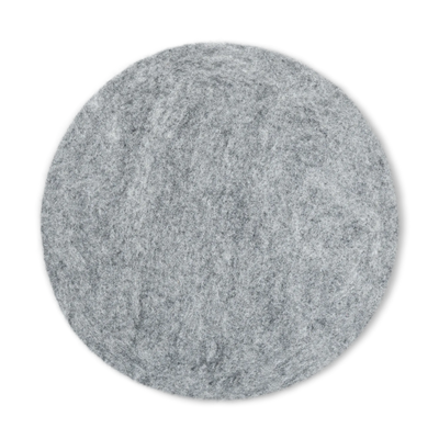 Top view of a round light gray felted wool cat bed on a white background.