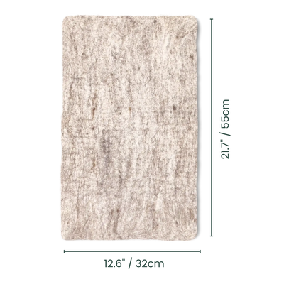 A rectangular shaped felted wool cat mat with dimensions.