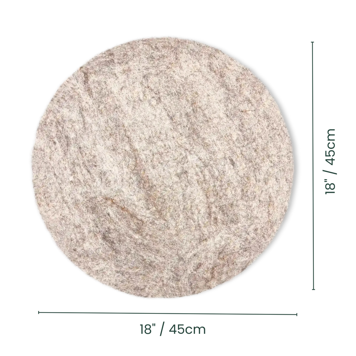 A round, felted wool cat mat with dimensions.