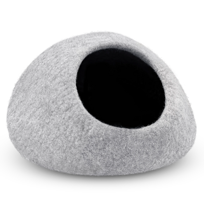 Light grey felted wool cat cave bed with a shadowed opening on a white background
