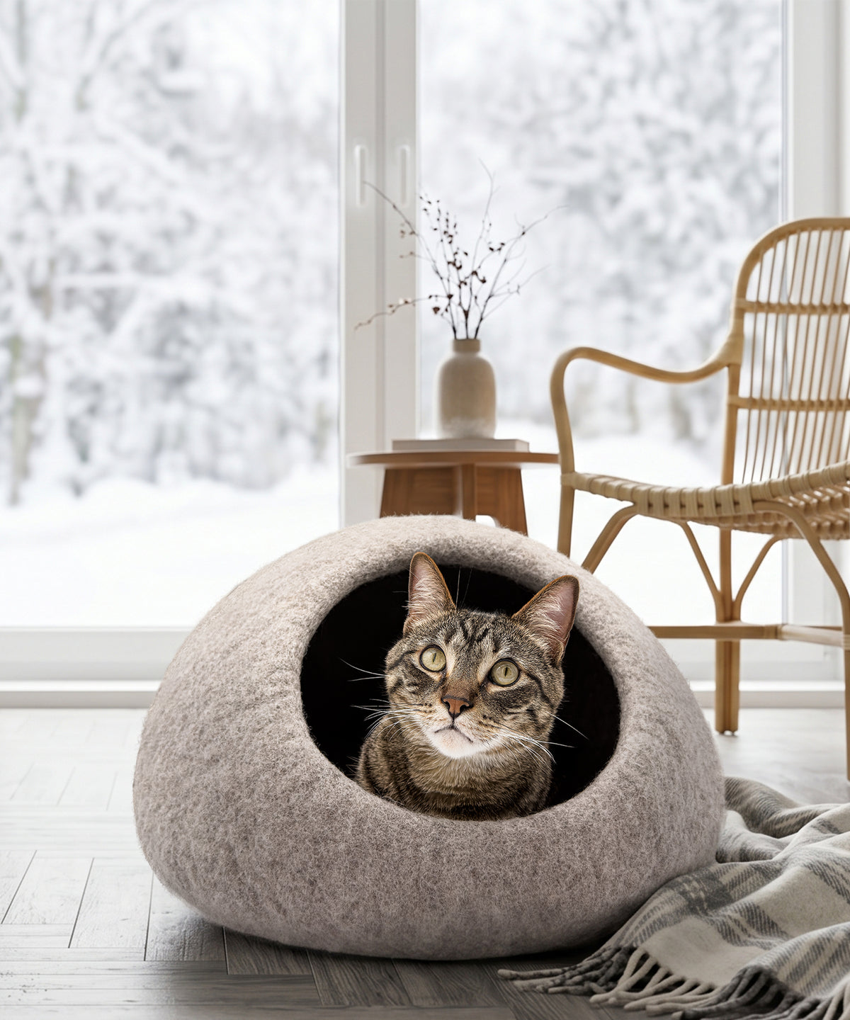 A brown tabby cat sits inside a round, beige felt cat cave bed on a light wood floor, with a snowy outdoor scene visible through a large window in the background.