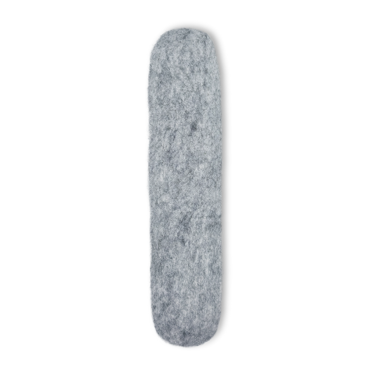 Single light grey felted wool cat kicker toy standing vertically on a light background.