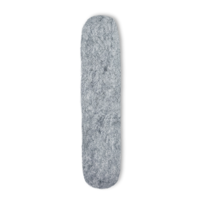 Single light grey felted wool cat kicker toy standing vertically on a light background.