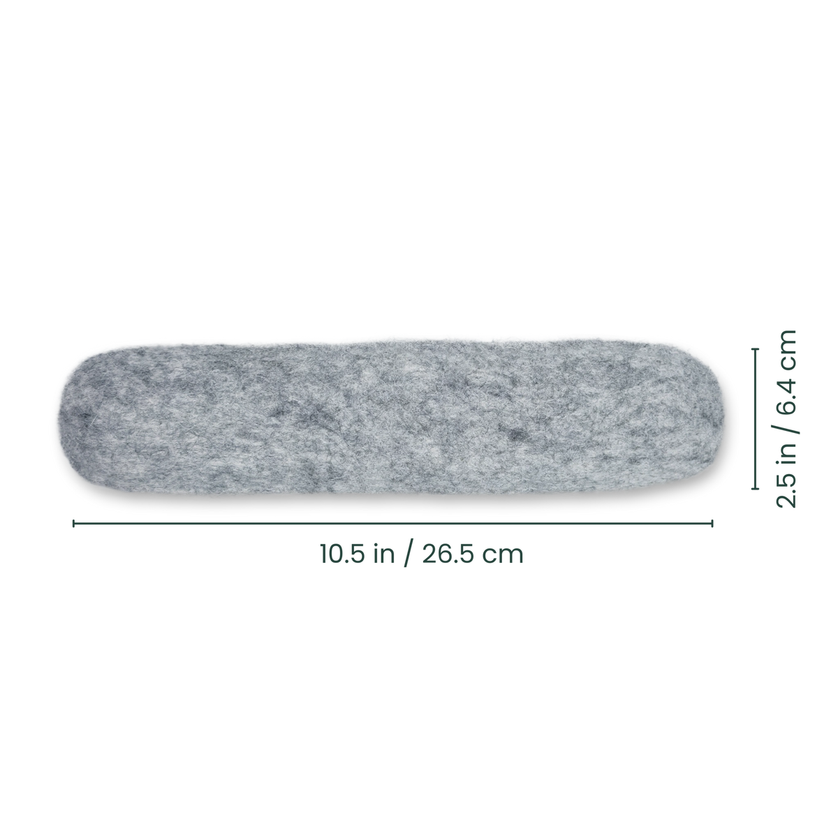 Single light grey felted wool cat kicker toy shown at an angle on a light background with measurements.