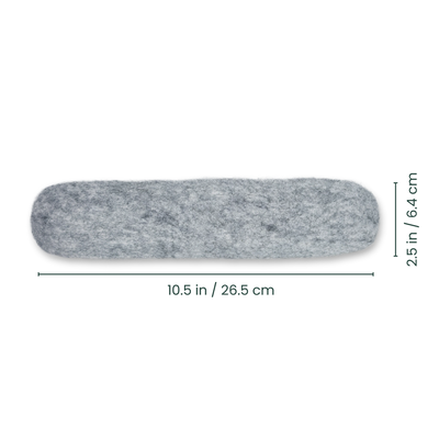 Single light grey felted wool cat kicker toy shown at an angle on a light background with measurements.