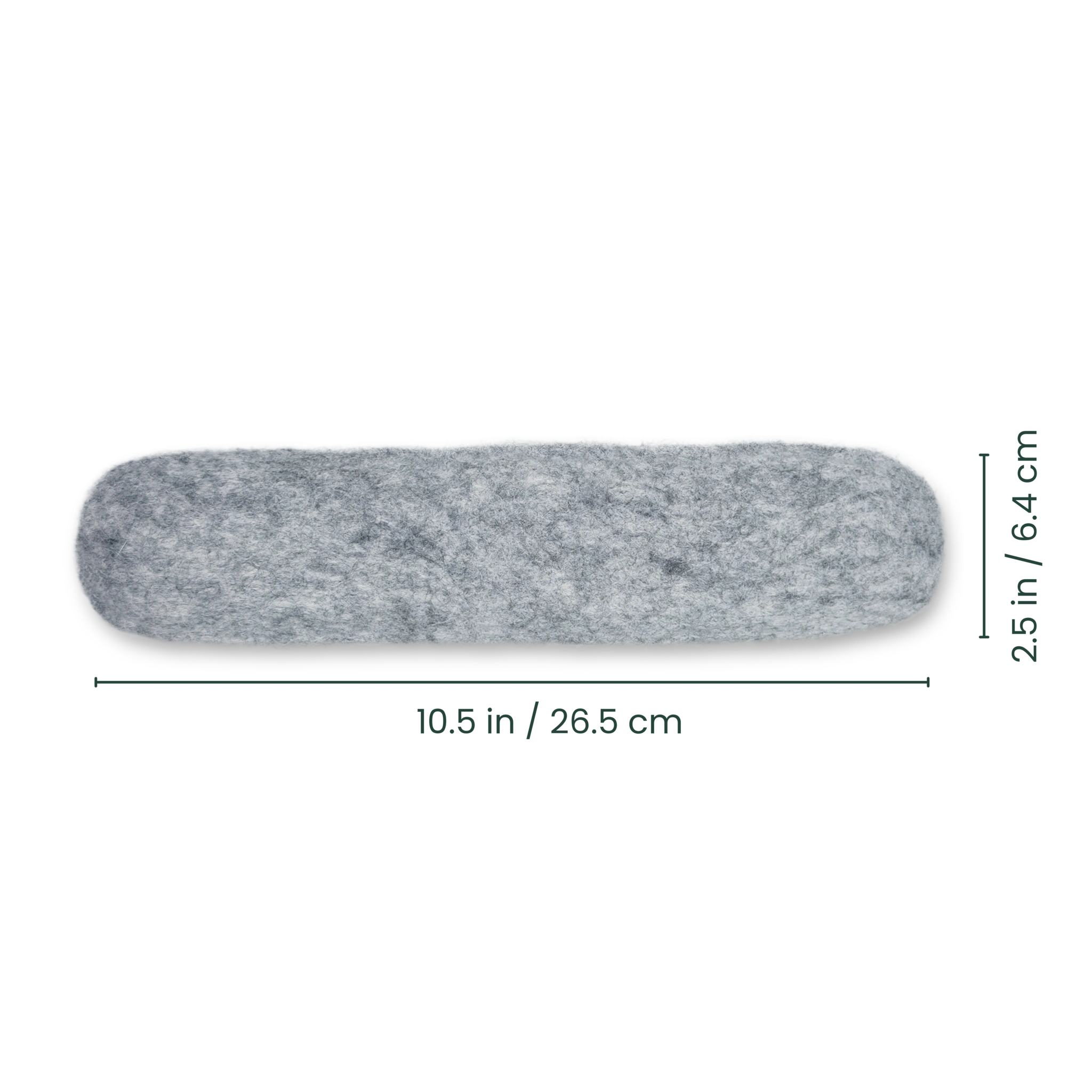 Light grey felted wool cat kicker toy with length measurements in inches and centimetres on a light background.