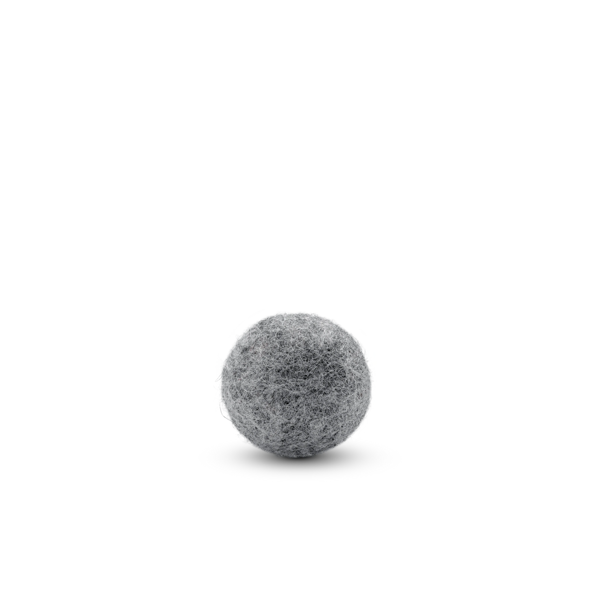 Single grey felted wool ball cat toy on a light background.