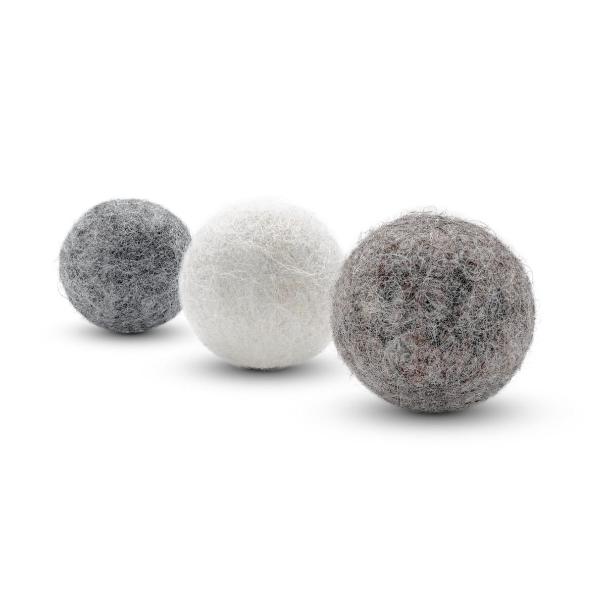 Three textured wool felt cat toy balls in off-white, light brown, and light gray, arranged diagonally on a white background.