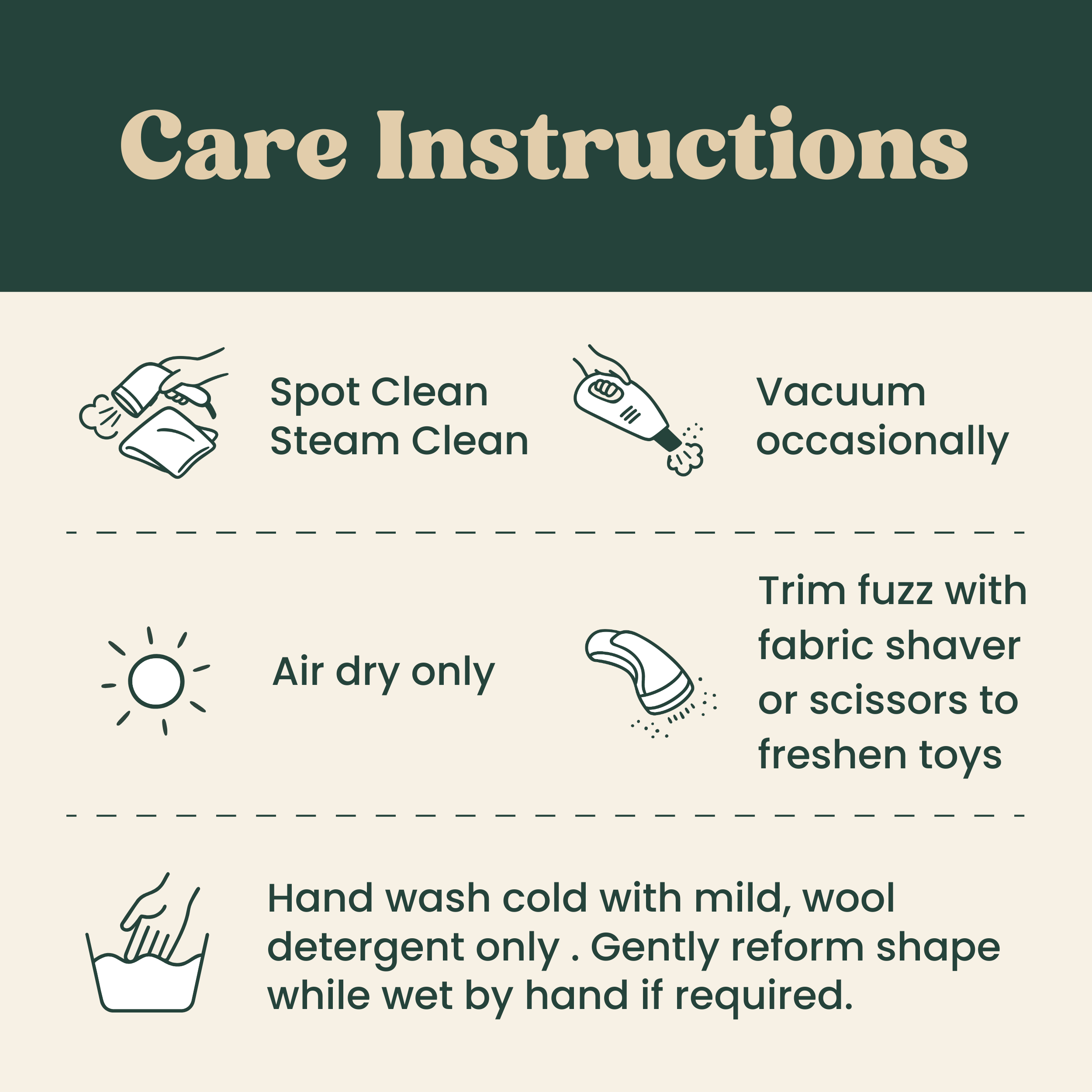 Care instructions card for felted wool cat toys with cleaning and drying icons on a light background.