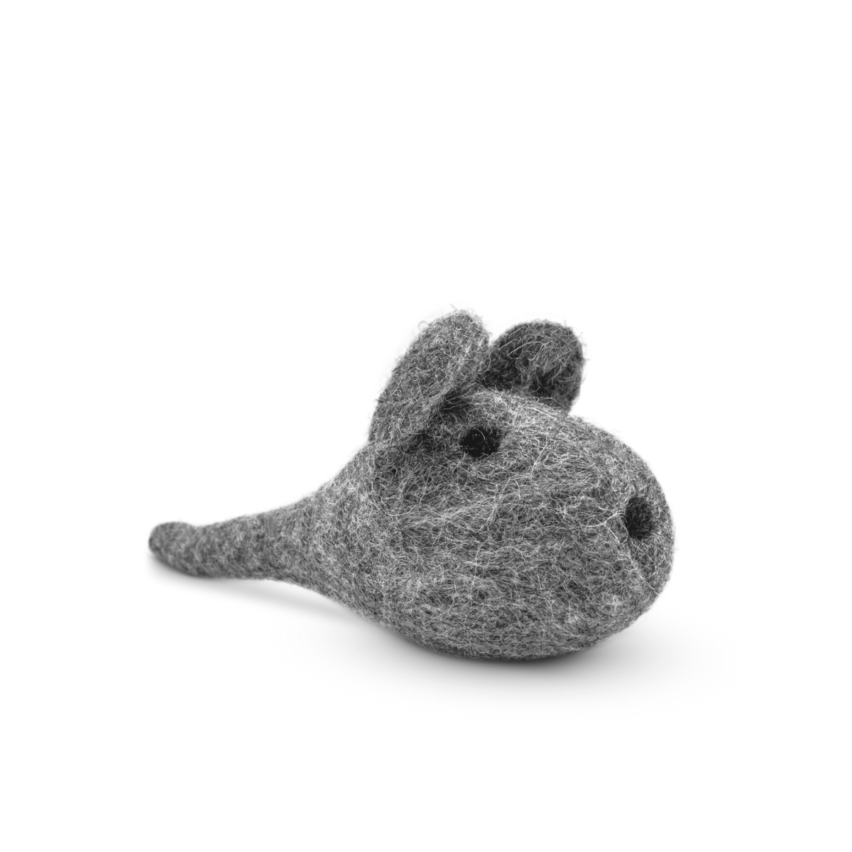 Grey felted wool mouse cat toy on a light background.