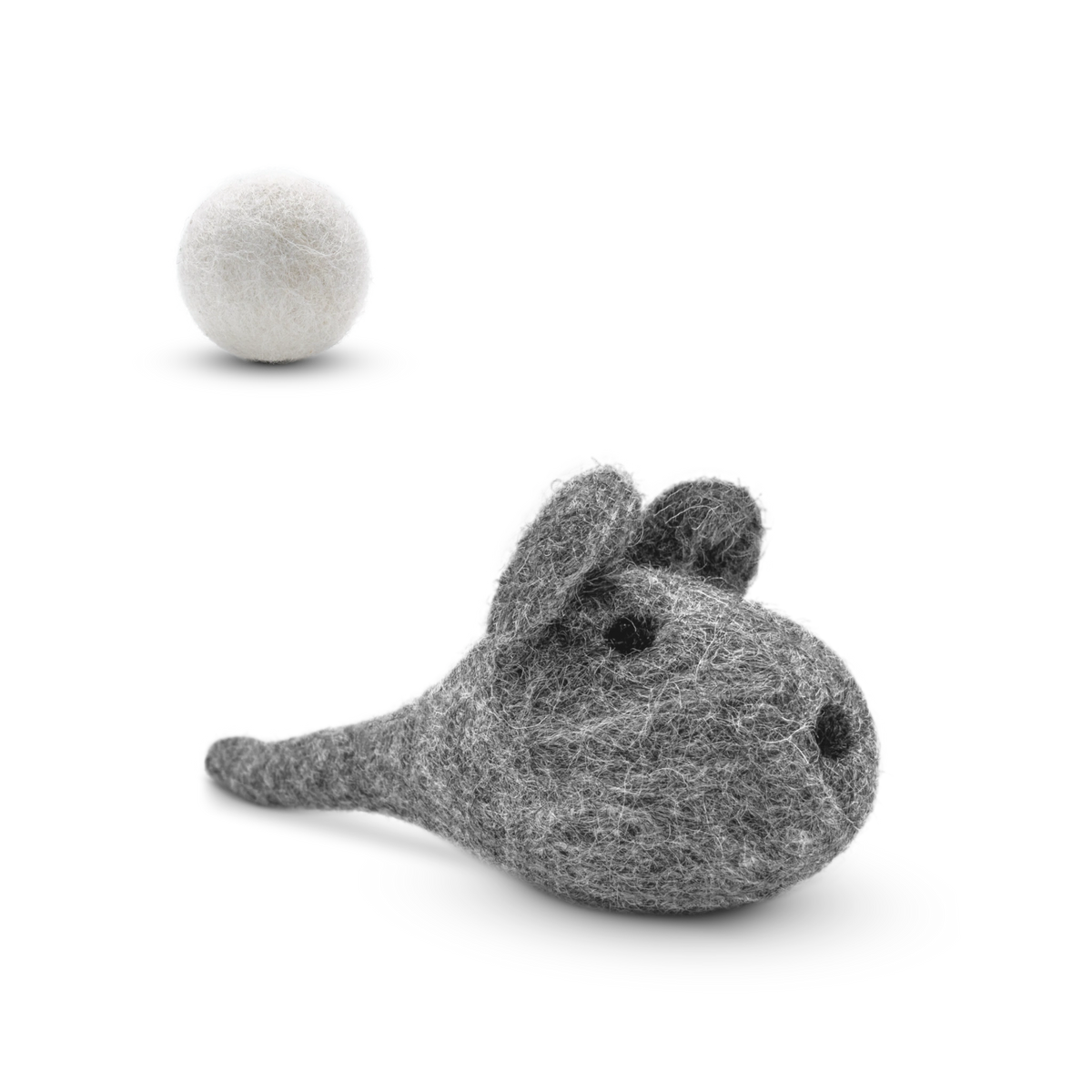 Grey felted wool mouse cat toy with a white wool ball on a light background.
