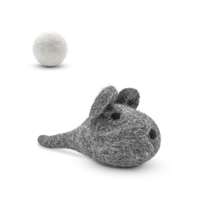 Grey felted wool mouse cat toy with a white wool ball on a light background.